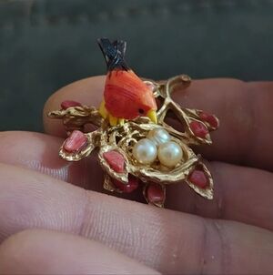 Swoboda 1960's Vintage Mama Cardinal Bird In a Nest Full of Cultured Pearls Pin